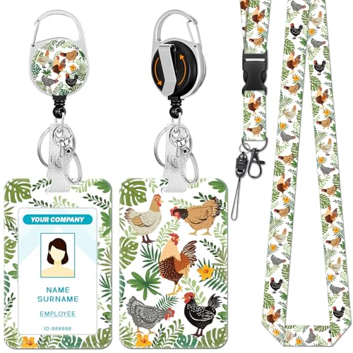 Hancynir Chicken Lanyards for Id Badges, Badge Holder Retractable Reel Clip - color: Funny Chickens