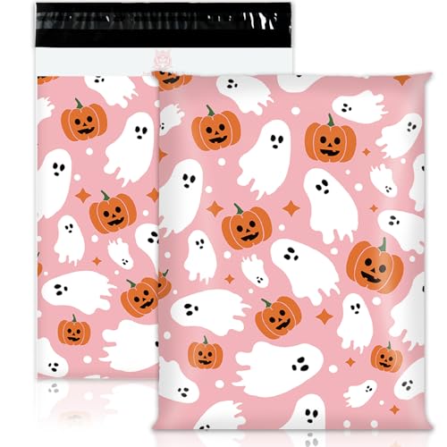JarThenaAMCS 100Pcs Halloween Poly Mailers 14.5 x 19 Inch Pink Ghost Pumpkin Packaging Bags Large Self Seal Mailing Envelope Bags for Small Business Clothing Gift - size: 14.5 x 19 Inch