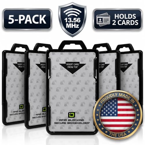 ID Stronghold - Pack of 5 - RFID Blocking Secure Badge Holder - Duolite 2 Card ID Holder - Poly Carbonate - Heavy Duty Plastic ID Badge Holder - USA Molded and Assembled - FIPS 201 Approved - color: Black, size: 5 - Pack