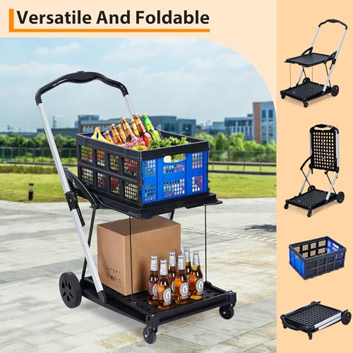2-Tier Foldable Shopping Trolley - 2 Tier Folding Grocery Carts (198 LB Capacity), Portable Grocery Cart with Wheels & Removable Crate (Blue) - color: Blue