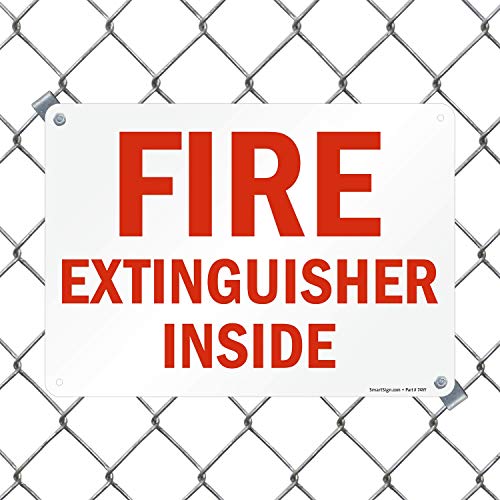 SmartSign 10 x 14 inch “Fire Extinguisher Inside” Sign with Pre-Cleared Holes, Digitally Printed, 55 mil HDPE Plastic, Red and White - size: 10" x 14" Plastic