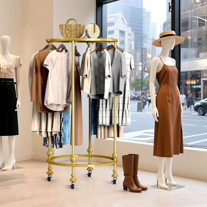 Rolling Round Garment Rack, Gold Clothing Rack with Wheels and Topper - color: Gold