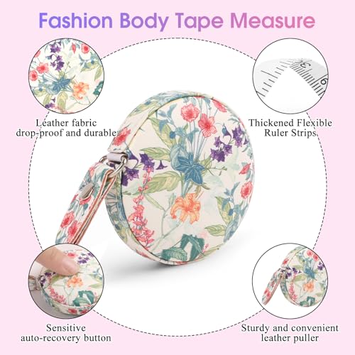 Retractable Mini Leather Tape Measure, Auto Retract TrumpetFlowers - color: Colorful Trumpet Flowers