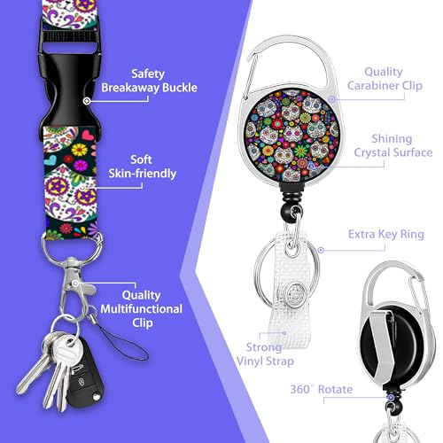 Halloween Sugar Skull Cat Badge Holder with Retractable Reel Clip,Day of the Dead Lanyards for Id Badges,Plastic Case with Carabiner Clip Vertical ID Card Protector for Women Student Office Gifts - color: Sugar Skull Cat Day of the Dead