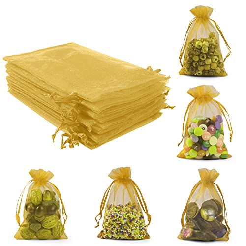ANZNKU 50 Pack Gold Organza Bags 4 x 6 inch, Small Mesh Gift Bags with Drawstring for Party Favor Halloween Candy Jewelry Pouches & Wedding Birthday Baby Shower - color: Gold