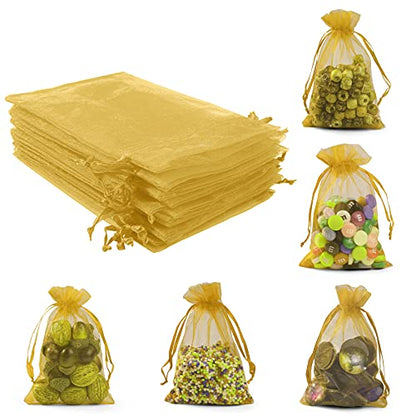 ANZNKU 50 Pack Gold Organza Bags 4 x 6 inch, Small Mesh Gift Bags with Drawstring for Party Favor Halloween Candy Jewelry Pouches & Wedding Birthday Baby Shower - color: Gold
