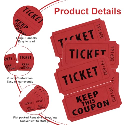 Azureal 800 Raffle Tickets, Consecutively Numbered Tickets, 50/50 Raffle Tickets for Events, Carnivals, Entry, Class Reward, Prizes (Red) - color: Red