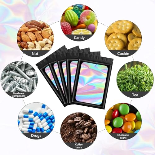 Funfery 100pcs Black Mylar Holographic Bags-Resealable Zipper&Clear Window - color: Black, size: 7 x 10 Inch