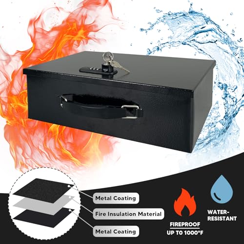 YIYITOOLS Fireproof Lock Box, Dual Combination & Key Lock Safe Box, Black