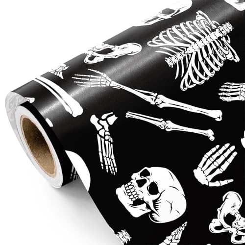 WRAPAHOLIC Halloween Wrapping Paper - Mini Roll - 17 Inch x 16.5 Feet - Skeleton and Bone Wrapping Paper for Halloween Deco, Birthday Gift Wrap - color: Bone