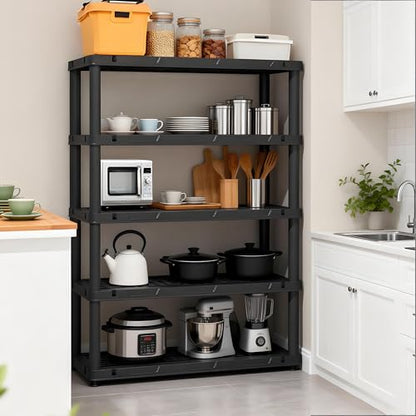 72”H Plastic Garage Storage Shelves,5-Tier Heavy Duty Plastic Shelving,700LBS Plastic Shelving Units Free Standing,for Home,Garage,Basement, Laundry,Black,16.93" Dx35.43 Wx72.44 H - size: 72.44" H x 35.43" W x 16.93" D