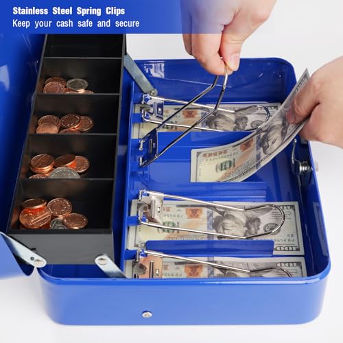 Cash Box with Lock Key and Money Tray - Large Money Box for Cash Register, Metal Lock Box for Money Safe 11.8" x 9.4" x 3.54" Blue - color: Blue with Key Lock