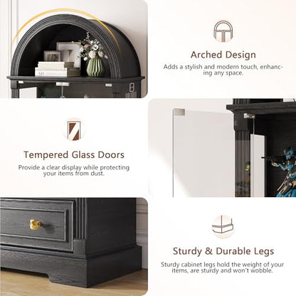 Black Curio Cabinet with Glass Doors, 72" Tall Arched Display Cabinet with Human Sensor Lights, 4-Tier Display Case for Collectibles Bookcase Living Room - color: Black