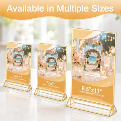 8 Pack Acrylic Sign Holder 5x7, Double Sided Gold Frames, Clear Acrylic Sign Holder Picture Frame, Vertical Table Menu Display Stand, Plastic Gold Picture Frames & Gold Table Frames for Wedding Party (Provide Non-slip Mats) - size: 8 Pack 5x7