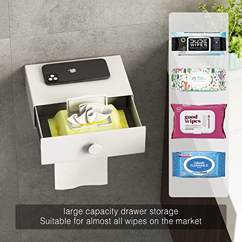 VOLDRA Toilet Paper Holder with Shelf White Wipes Dispenser for Bathroom Toilet Paper Holder with Storage Upgrade Drawer Design Toilet Tissue Holder Adhesive Small Bathroom Shelf Wall Mount - color: White