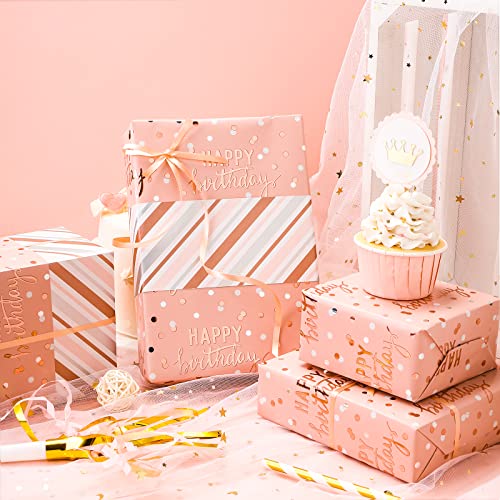 LeZakaa Reversible Pink Birthday Wrapping Paper Roll for Girls Women, Happy Birthday Lettering & Stripe Pattern with Metallic Foil in Pink, Mini Roll, 17 inches x 9.8 Feet - color: Birthday - Metallic Pink, size: 17" X 9.8 ft