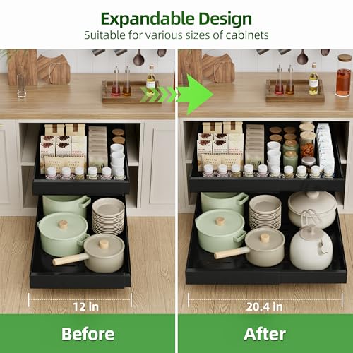 PAKETA 2 Pack Expandable Pull Out Cabinet Organizer,21" Deep - color: Black, size: 21"D X 12-20"W (2 Pack)
