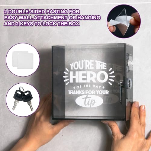 Acrylic Tip Jar with Lock and 2 Keys Donation Box with Double-Sided Adhesive for Wall Mount -Secure Tip Box for Bartenders, Restaurants & Small Business Raffle Box for Bar Musicians Driver 6x6x3 Inch