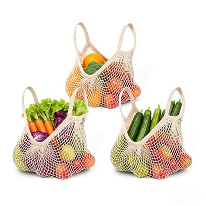 Ahyuan Reusable Cotton Mesh Grocery Bags Cotton String Bag Net Shopping Mesh Bags Pack of 3 (Beige)