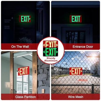 Photoluminescent Aluminum Exit Sign Red Glow in The Dark, 12x7 In Self-Adhesive Backing Emergency Exit Sign Sticker with Removable Arrows, Non-Electrical for 50 Feet Visibility (1 Pack) - color: 1 Pack