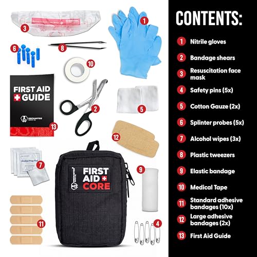 Uncharted Supply Co. First Aid Core – Travel-Size First Aid Kit with 30+ Pieces, Water-Resistant Nylon Pouch, MOLLE Attachment & Labeled Pockets – Compact Emergency Kit for Purse, Locker, Bag
