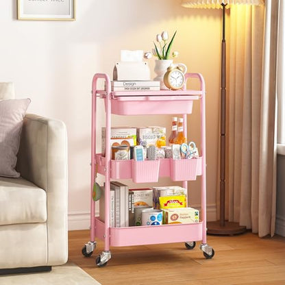 KINGRACK 3 Tier Metal Rolling Cart with Drawer, Pink Utility Storage Cart - color: Pink