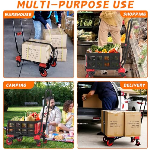 2-in-1 Folding Hand Truck with Folding Basket,Hand Truck with Retractable Handle, 330LBS Capacity Heavy Duty Hand Dolly, Dolly Cart with Wheels for Luggage/Moving/Travel - color: Red-a