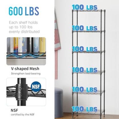 FDW | 6-Tier Wire Shelf | 17" x 12" x 64" | Black - color: Black, size: 6-Shelf Small No Wheels