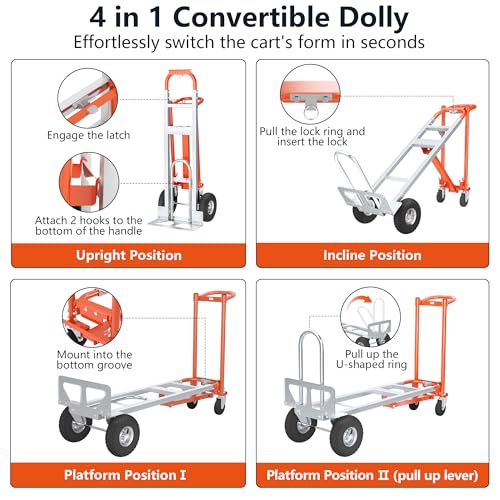 4 in 1 Convertible Hand Truck, 1000LBS Heavy Duty Hand Dolly, Heavy Duty Industrial Platform Cart Collapsible Truck for Warehouse, Logistics, Home, Office - color: Silver and Orange