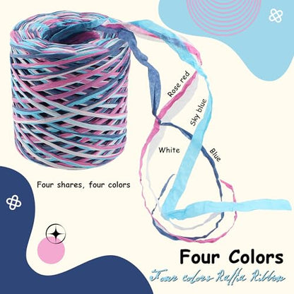 393 Feet Raffia Paper Ribbon, Blue White Pink Navy Blue - color: 4 color-blue white pink navy blue