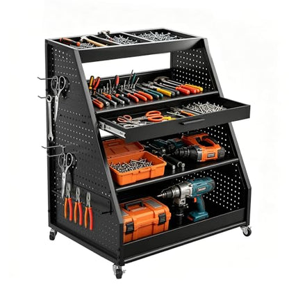 4-Tier Heavy Duty Rolling Tool Cart with Pegboard & Sliding Tray, 440 LBS Load Capacity Steel Utility Cart on Lockable Wheels, Mobile Tool Storage Organizer for Mechanic, Garage, Workshop, Black
