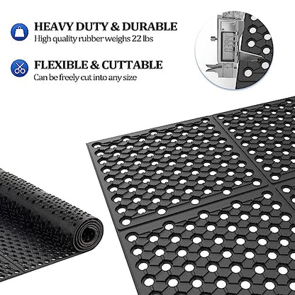 ROVSUN Rubber Floor Mat with Holes, 3x7 FT Hollow Large Mat Roll, Anti-Fatigue/Non-Slip Drainage Mat, for Industrial Kitchen Restaurant Bar Bathroom, Indoor/Outdoor Cushion - size: 83"L x 35.4"W x 0.4"Th