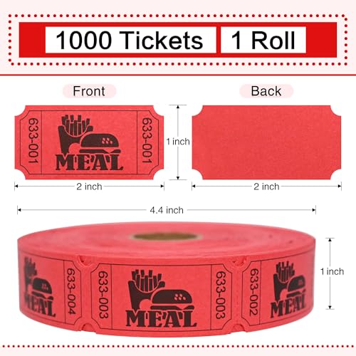 ESSENTIAL 1000 Raffle Tickets Rolls, Meal Tickets Single Roll for Events, Leisure, Movie Watching, Entertainment, Class Reward & Prizes - 5 Color Selection (Red) - color: Red
