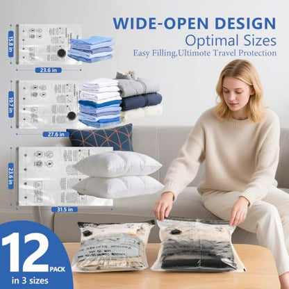 12 Pack Travel Vacuum Bags for Clothing with Rechargeable Wireless air Pump - size: 12 Combo Size (Blue)