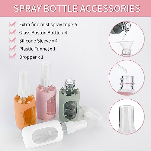 HOMBYS Empty Clear Glass 2oz Small Spray Bottles with Silicone Sleeve Protection - Refillable Containers for Travel, Cleaning Solutions, Essential Oils, Sanitizers - Fine Mist Spray - 4 Pack-Clear - color: Pink,White,Orange,Army Green