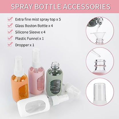HOMBYS Empty Clear Glass 2oz Small Spray Bottles with Silicone Sleeve Protection - Refillable Containers for Travel, Cleaning Solutions, Essential Oils, Sanitizers - Fine Mist Spray - 4 Pack-Clear - color: Pink,White,Orange,Army Green