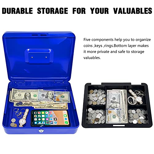 Steel Cash Box with Key Lock, Metal Small Money Organizer with Money Tray,Cash Storage Box with Lockable Cover (Blue - 12 inch) - color: Blue - 11.8" x 9.4" x 3.5"