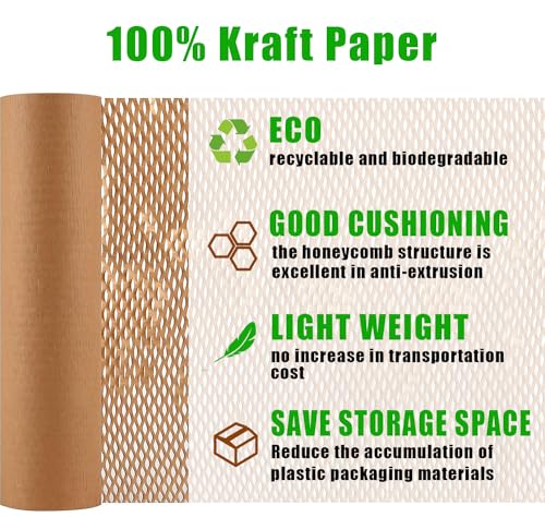 Honeycomb Packing Paper, 15"x300' Eco Friendly Packing Materials for Shipping Breakable Recyclable Moving Supplies Paper Bubble Wrap Sheets Roll with 20 Fragile Sticker Labels - size: 15"x300'