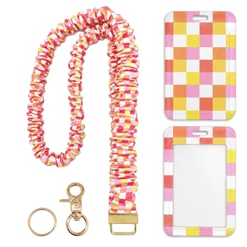 Scrunchie Lanyard/Stretchy Lanyards with ID Holder Checkered Pattern Retractable Lanyard with Badges Keychain Holder, Ideal for Women Teachers Nurse Back to School Birthday Gifts (Pink) - color: Pink
