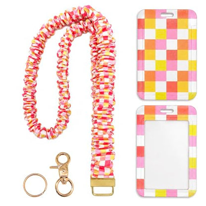 Scrunchie Lanyard/Stretchy Lanyards with ID Holder Checkered Pattern Retractable Lanyard with Badges Keychain Holder, Ideal for Women Teachers Nurse Back to School Birthday Gifts (Pink) - color: Pink
