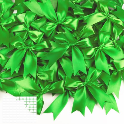 Emerald Green Bows 60Pcs 3.5Inch Pre-Tied Satin Ribbon Bows, Sticky Dots - color: Emerald green, size: 60 PCS