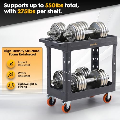 ELAFROS 2-Tier Heavy Duty Utility Rolling Cart, 34 x 17 in, 5" Wheels, Gray - color: Gray, size: 4 swivel casters