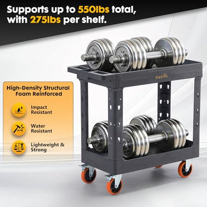 ELAFROS 2-Tier Heavy Duty Utility Rolling Cart, 34 x 17 in, 5" Wheels, Gray - color: Gray, size: 4 swivel casters
