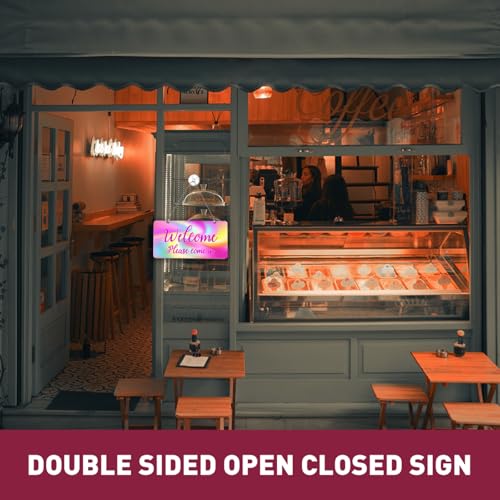 PLIGREAT Rainbow Swirl Double Sided Open Closed Sign with Clock Welcome Please Come In Sorry We Missed You Signs for Business Retail Store Window Wall Decor Hanging Door Signs with Chain, Pink - style: Rainbow Swirl