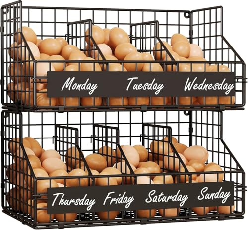 Egg Holder Countertop,Metal Egg Rack with Adjustable Dividers & DIY Labels - color: Black, size: 2-Tier X-Large