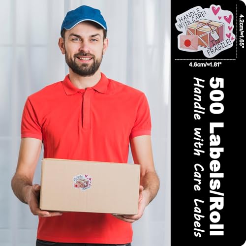 HYBSK Fragile Stickers for Shipping Please Handle with Care Labels Pink Fragile with Heart Labels for Small Business Shipping Warning Thank You Total 500 Labels Per Roll