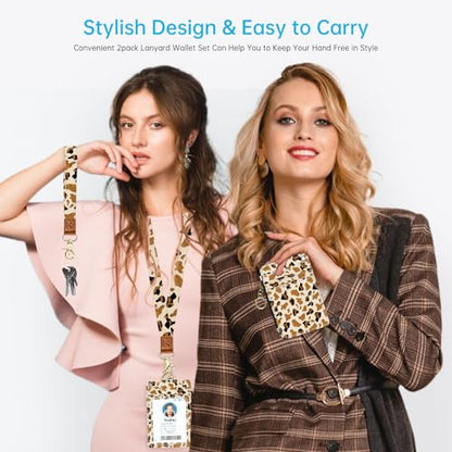 Golden Leopard Print 2-in-1 ID Badge Holder & Lanyard Wallet for Teachers,Nurse,Professionals-Cute Zippered Coin Pouch,Removable Wristlet & Neck Lanyard,5 Card Slots Stylish Work Essential - color: Golden Leopard Print