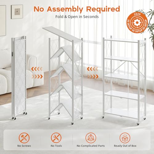 Fenbeli 5-Tier Folding Metal Storage Shelves with Wheels, 750 lb Capacity - color: White, size: 5 Tier
