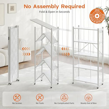 Fenbeli 5-Tier Folding Metal Storage Shelves with Wheels, 750 lb Capacity - color: White, size: 5 Tier
