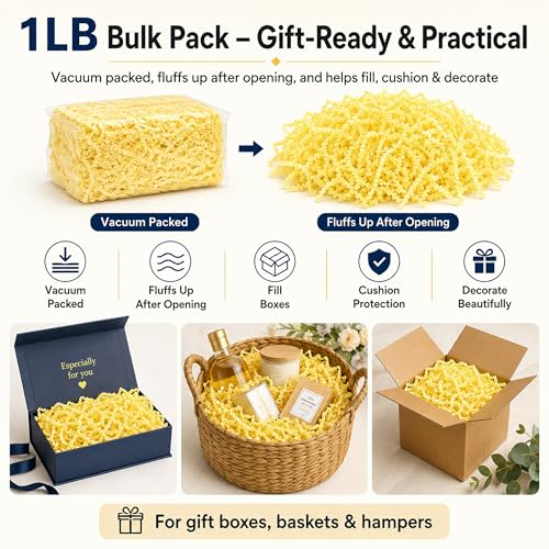 STRBOXONG Light Yellow Crinkle Paper Filler 1 LB, Recyclable Crinkle Cut Paper Shred for Easter Baskets, Spring Gift Boxes, Baby Shower Favors, Party Supplies, DIY Crafts and Gift Packaging - color: Light Yellow
